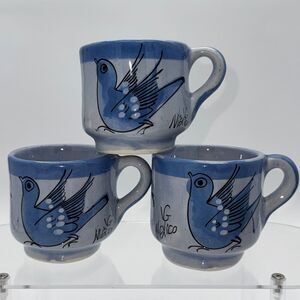 3 Mexican Tonala Pottery Blue Bird Mug Hand Painted Folk Art Mexico Signed VG